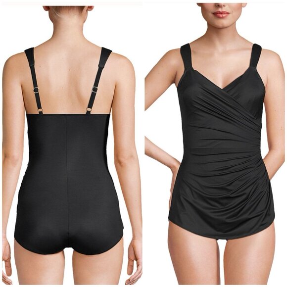 Lands end slender tummy control skirted black swimsuit - Picture 2 of 7